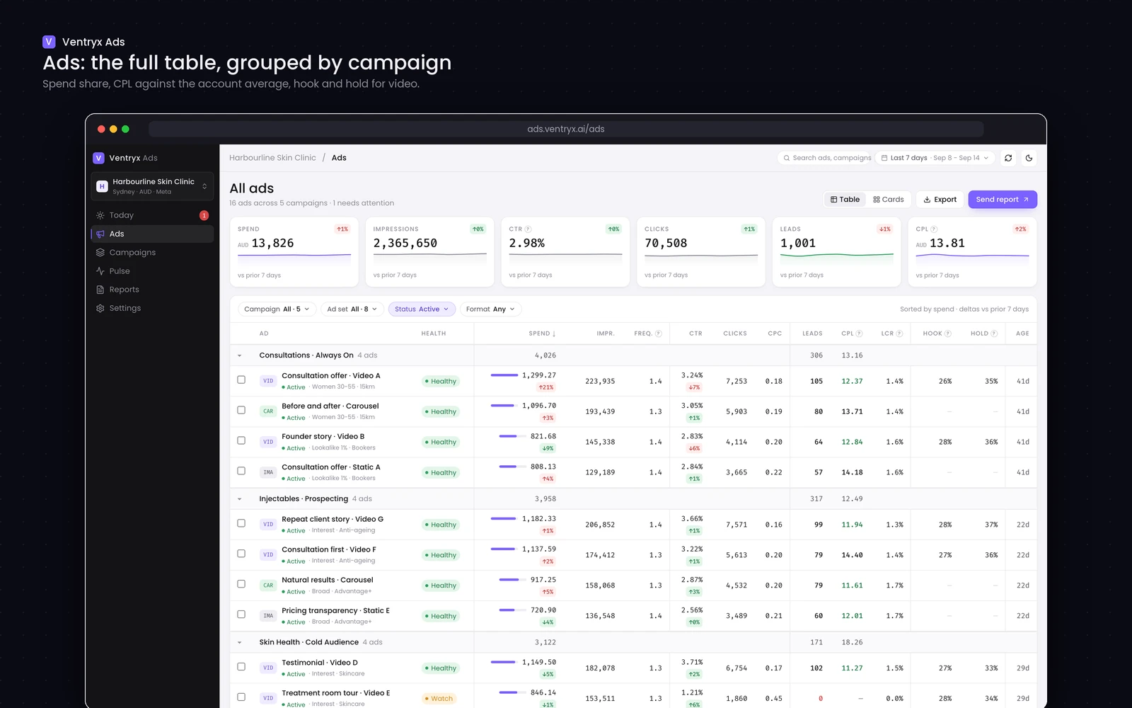 Ads table grouped by campaign with sparkline KPI tiles and health pills