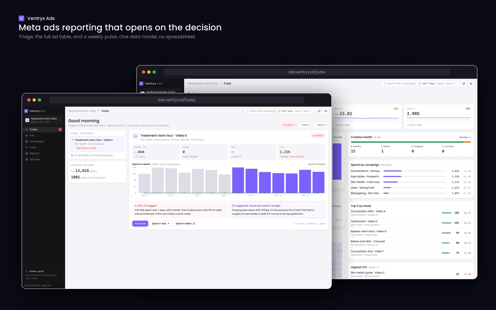 Two browser windows on a dark ground: the Today triage view in front, the Pulse view behind