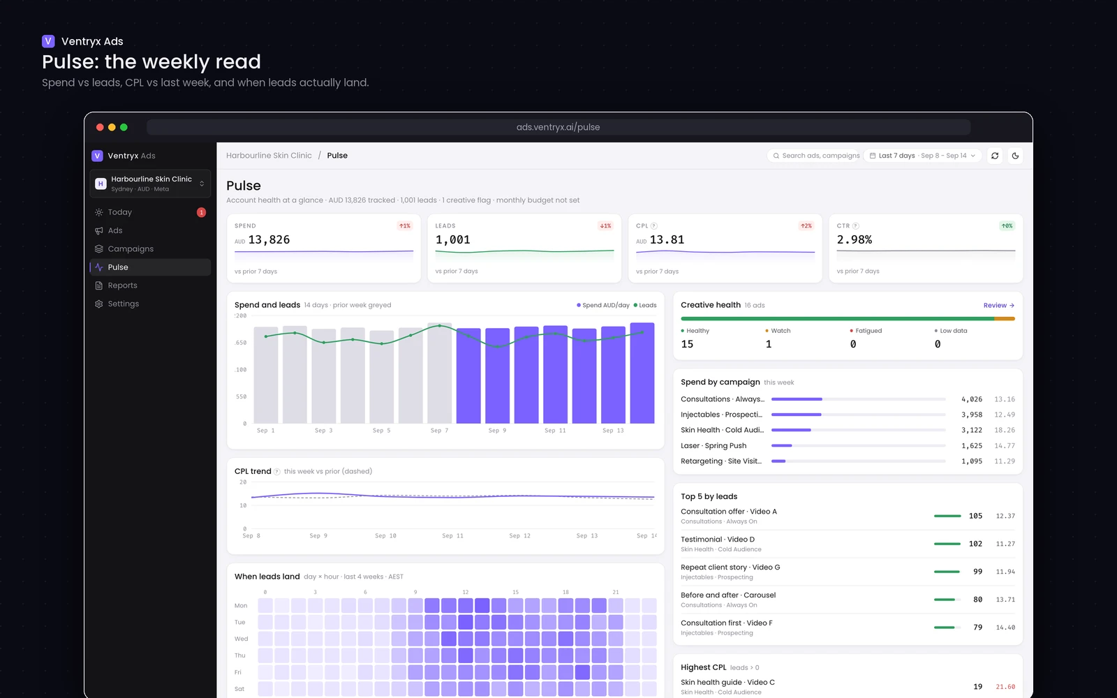 Pulse view with spend and leads chart, CPL trend, day by hour heatmap and creative health