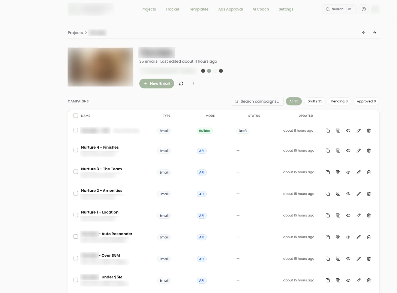 One development's campaign list: EOI, nurture series, autoresponder and budget snippets, each with type, mode, status and quick actions