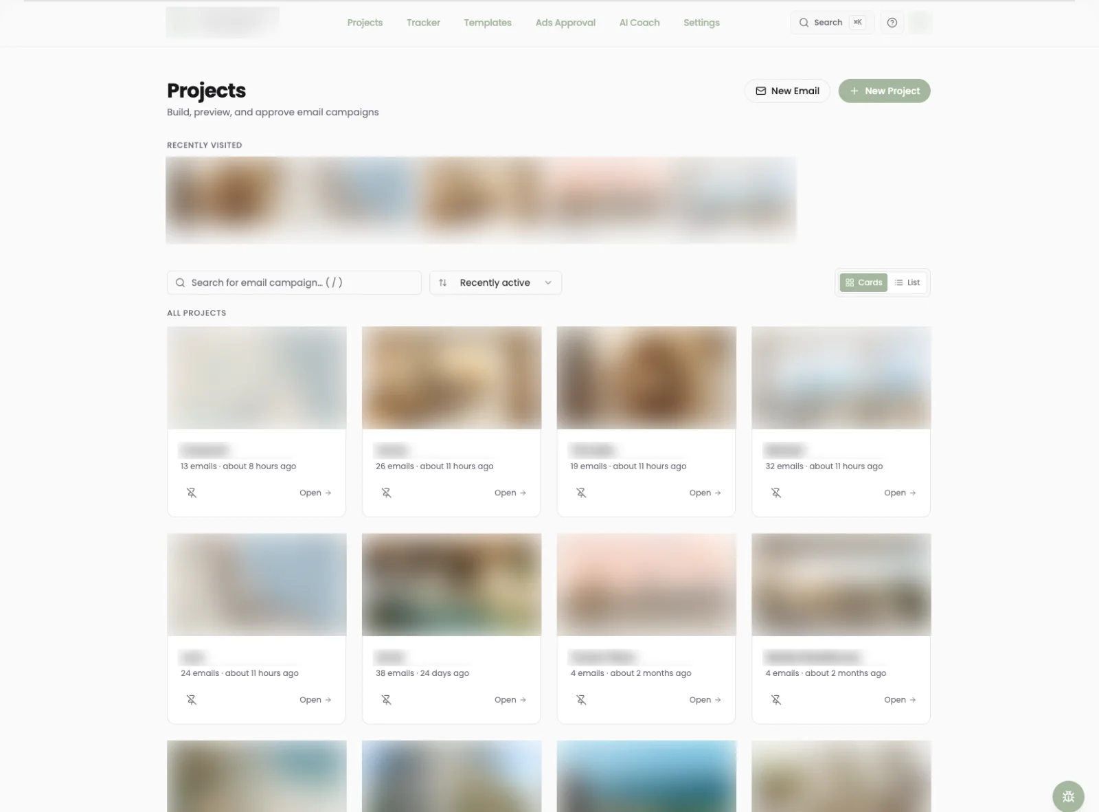 Projects home screen: a card per development with its email count and last activity