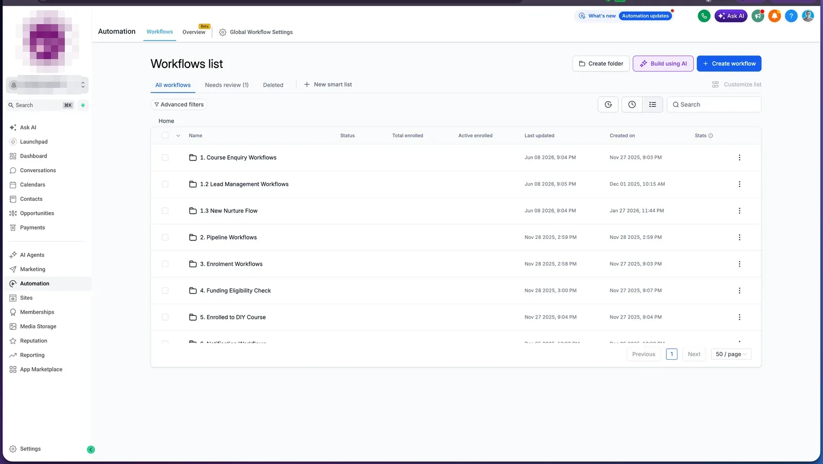 GoHighLevel workflows list organised into numbered folders