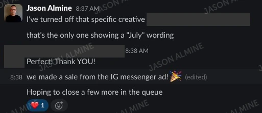 A sale from Instagram Messenger